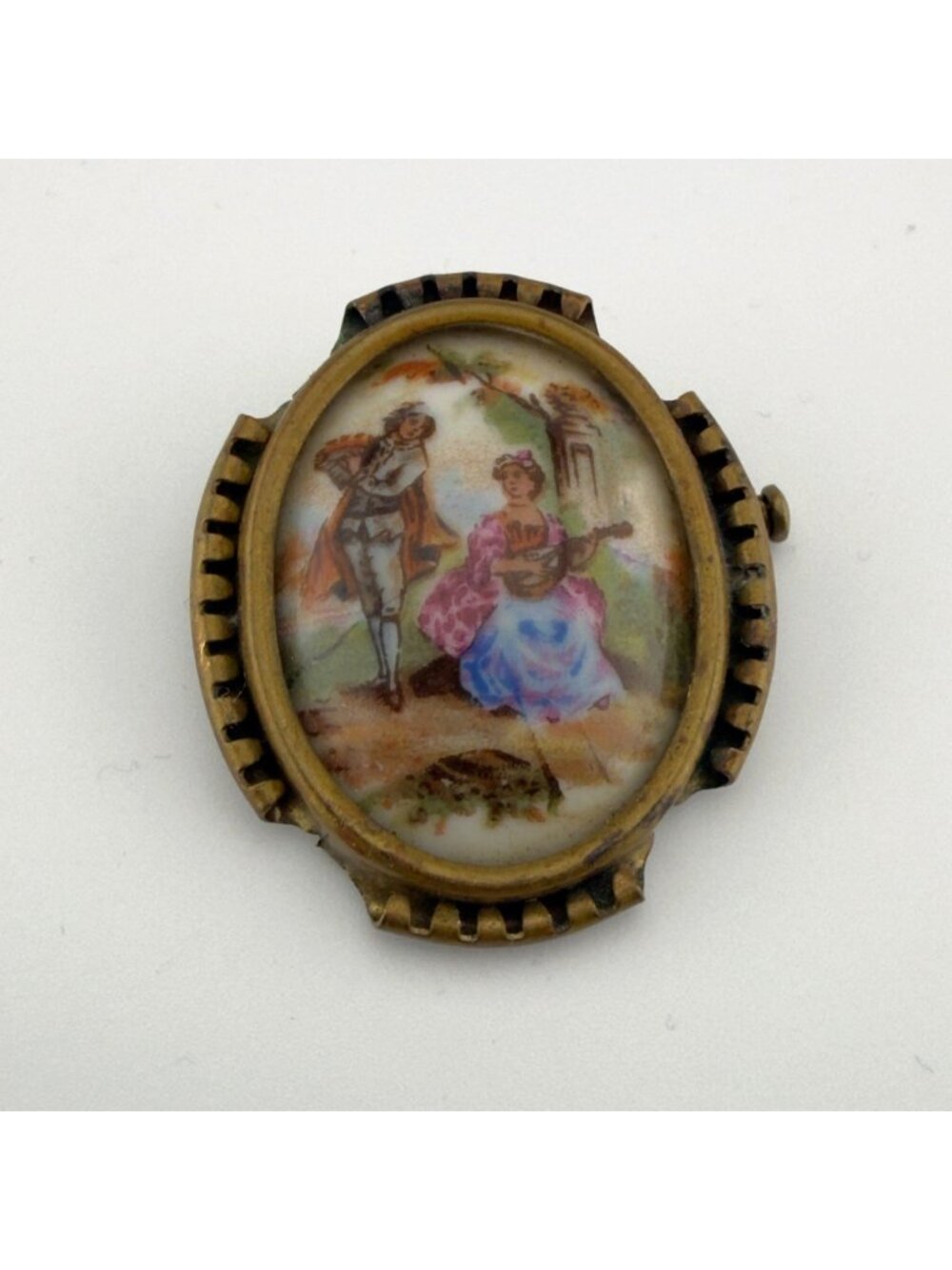 Antique Vintage Limoges Hand Painted Porcelain Brooch Courting Couple France